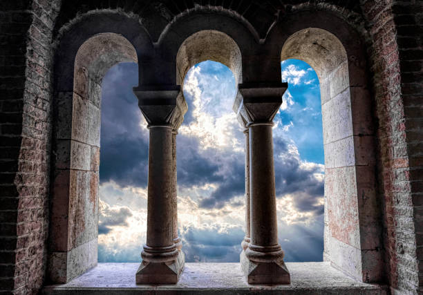Porch with stone columns and arches isolated on white background, for inserting your landscape or panorama.