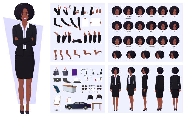 ilustraciones, imágenes clip art, dibujos animados e iconos de stock de black business woman cartoon character set con gestos, expresiones y gestos con las manos premium vector - ser mítico
