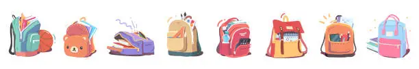 Vector illustration of School backpacks set. Cute boys, girls children full schoolbags with books, supplies, textbooks, notebooks, pens, pencils, paints, ruler, calculator. Kids education, study flat vector illustration