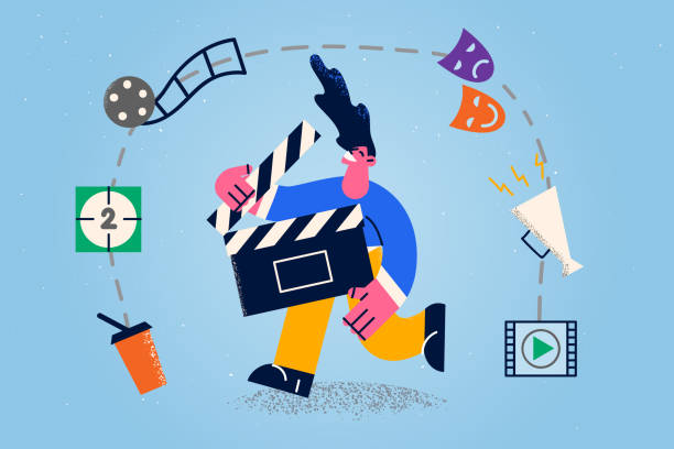 illustrazioni stock, clip art, cartoni animati e icone di tendenza di uomo con clapperboard impegnato nel processo di produzione cinematografica - slapstick