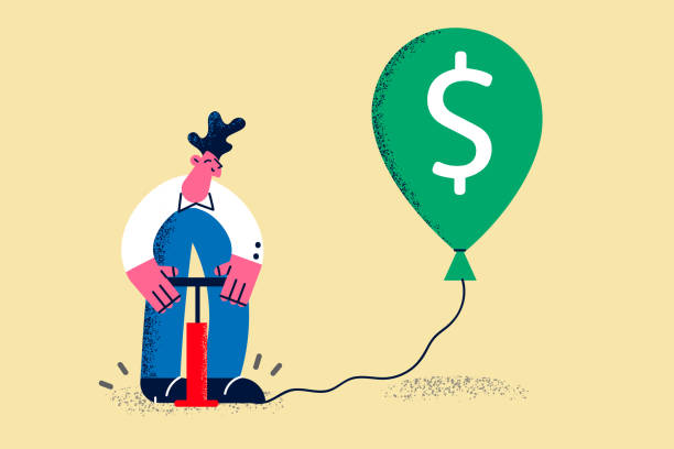 Businessman inflate balloon with dollar sign Businessman inflate balloon with dollar sign. Male employee increase income and salary. Stock market financial crisis. Business finance problem. Money inflation concept. Flat vector illustration. inflating stock illustrations