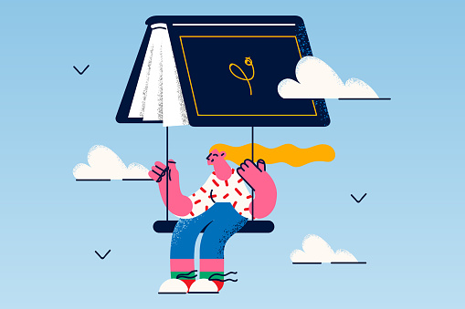 Happy girl reader fly on book as parachute enjoy literature. Smiling young woman dive into new world or horizons reading fairytale or novel. Education and self-development. Vector illustration.