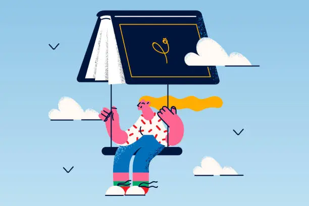 Vector illustration of Happy girl reader fry on book as parachute