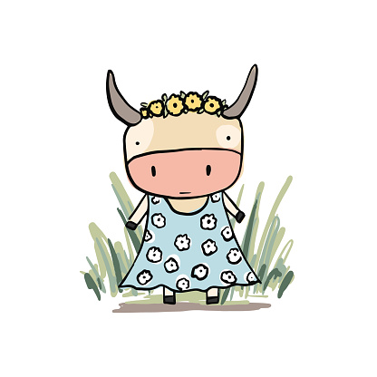 Cute sketch hand drawn color pencil cow in blue floral dress illustration. Bright cartoon summer childish funny farm animal for kids print design, textile decoration, greeting cards, stickers, logo