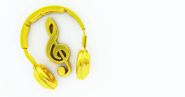 istock golden musical note with headphone in the middle, Concept music 1354970483
