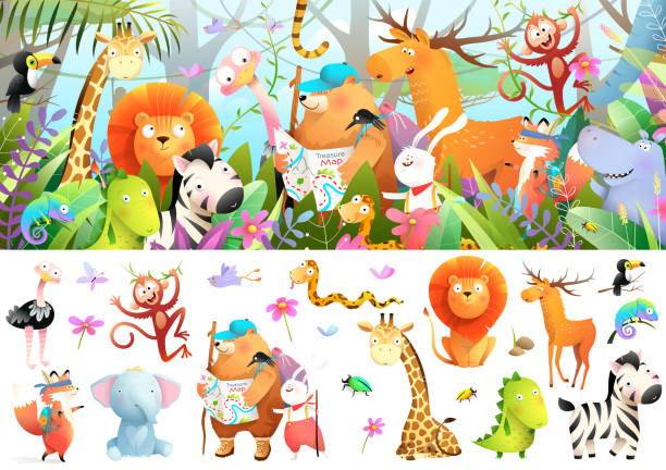 stockillustraties, clipart, cartoons en iconen met animals adventures in jungle for little explorers - watercolour jungle