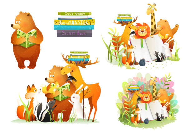 ilustrações, clipart, desenhos animados e ícones de livro de leitura ou estudo de animais da floresta na escola - illustration and painting image computer graphic lion