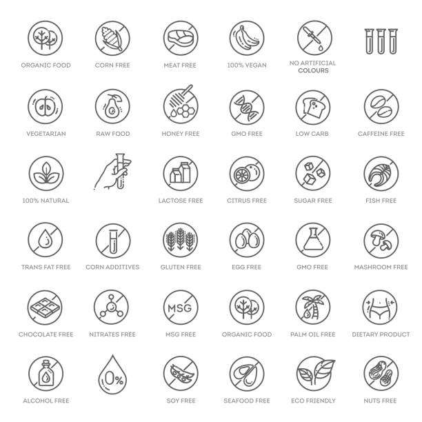 ilustrações de stock, clip art, desenhos animados e ícones de allergen ingredients vector icons. product free allergen ingredient symbols - healthy eating symbol dieting computer icon