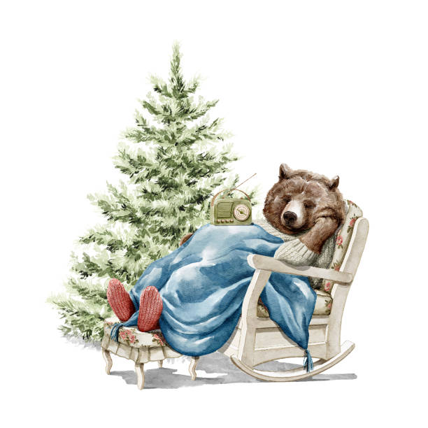 illustrations, cliparts, dessins animés et icônes de aquarelle dessin animé de noël ours en vêtements dormir dans un fauteuil près du sapin de noël - christmas tree audio