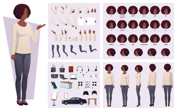 illustrazioni stock, clip art, cartoni animati e icone di tendenza di bella creazione del personaggio della donna afroamericana con capelli afro, sincronizzazione delle labbra, emozioni e gesti delle mani e accessori - playback