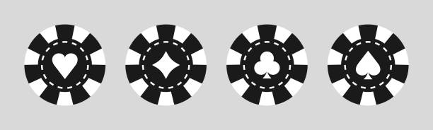 Poker chip of casino. Token or coin isolated on white background. Jackpot and blackjack in roulette. Set of black-white chips for game in Las Vegas. Icon for gambling. Logos for bet, play. Vector Poker chip of casino. Token or coin isolated on white background. Jackpot and blackjack in roulette. Set of black-white chips for game in Las Vegas. Icon for gambling. Logos for bet, play. Vector. las vegas stock illustrations