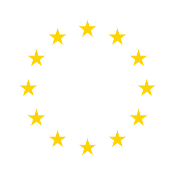 star icons in circle. yellow european logos on white background. eu flag. 12 yellow stars for europe union. badges of euro military, community, economic and council. eurozone market. vector - 歐盟旗 幅插畫檔、美工圖案、卡通及圖標