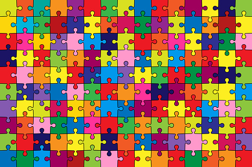 Puzzle game. Colorful pattern of jigsaw. Rainbow geometric background consist of piece. Puzzle for autism. Cartoon texture for awareness. Outline template with pieces. Vector.