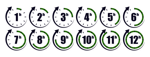 타이머 아이콘입니다. 분 과 시간 스톱워치. 시간, 마감일, 카운트 다운 및 중지를 위한 시계. 1시간에서 12시까지 시청하세요. 속도, 스포츠 및 요리용 크로노미터. 그래픽 기호 집합입니다. 벡터 - 시계 숫자판 stock illustrations