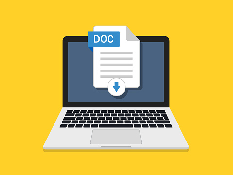Download of doc document in computer. Icon of upload file in laptop. Digital text file for download from internet. Click to save of document with data. Vector.