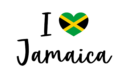 I love jamaica. illustration with flag in heart and font. Logo for welcome, travel and patriotism. Sticker for music festival and party. Vcetor.