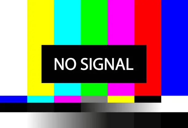 Vector illustration of TV signal error. Color pattern on screen of tv. Technical error and end of television broadcast or film. Retro background for broken communication. Test of signal. Calibration channel. Vector