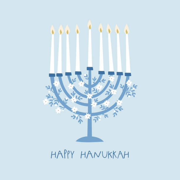 illustrazioni stock, clip art, cartoni animati e icone di tendenza di biglietto di auguri felice hanukkah, invito con candelabro disegnato a mano e nomi floreali. fiori decorativi bianchi con foglie blu. illustrazione vettoriale per la festa ebraica della luce. design piatto. - candle candlestick holder flame vector