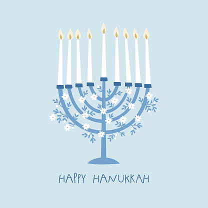 Happy Hanukkah greeting card, invitation with hand drawn candleholder and floral ornamnets. White decorative flowers with blue leaves, vector illustration for Jewish Festival of light. Flat design.