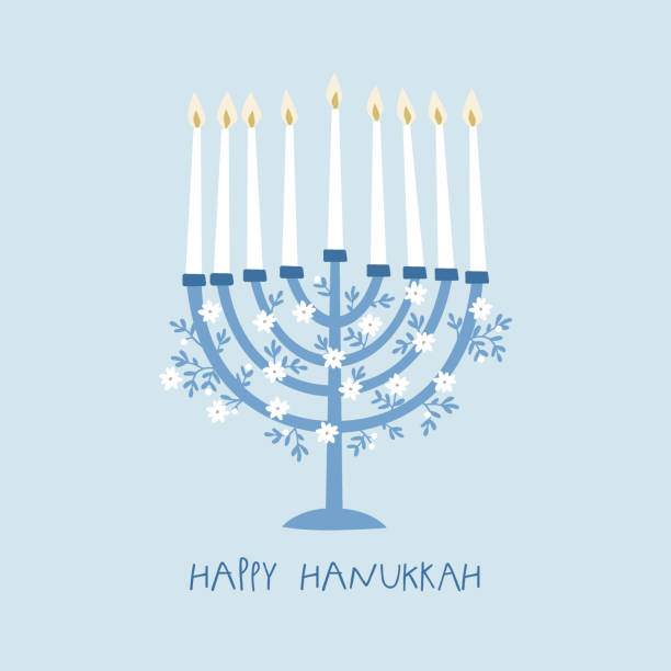 Happy Hanukkah greeting card, invitation with hand drawn candleholder and floral ornamnets. White decorative flowers with blue leaves. Vector illustration for Jewish Festival of light. Flat design. Happy Hanukkah greeting card, invitation with hand drawn candleholder and floral ornamnets. White decorative flowers with blue leaves, vector illustration for Jewish Festival of light. Flat design. hanukkah stock illustrations