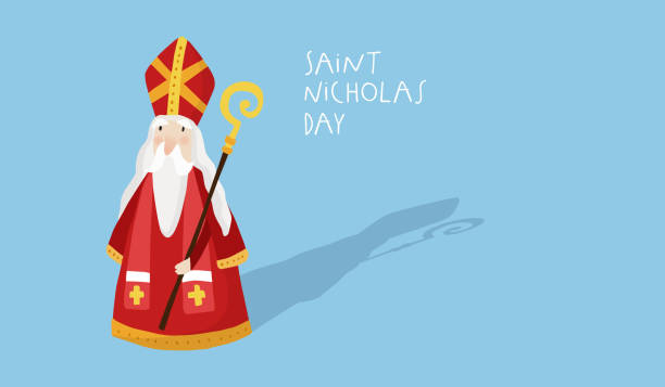 illustrazioni stock, clip art, cartoni animati e icone di tendenza di simpatico biglietto di auguri di natale. san nicola, ombra e personale pastorale. tradizione invernale europea. testo scritto a mano. design piatto del cartone animato, illustrazione vettoriale isolata banner di sfondo blu. - nicolaus