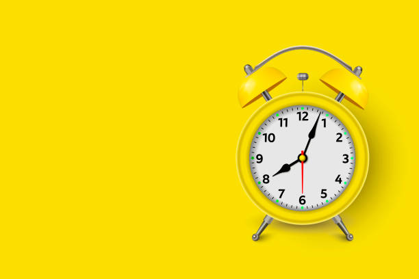 istock Alarm clock. 3d illustration isolated on yellow trendy background. Yellow alarm clock at one close-up. Vector illustration. EPS 10 1354984010