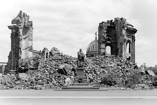 Ruin of the Church of the Our Lady on New market in Dresden after being destroyed by a bombing in 1945 - Germany.