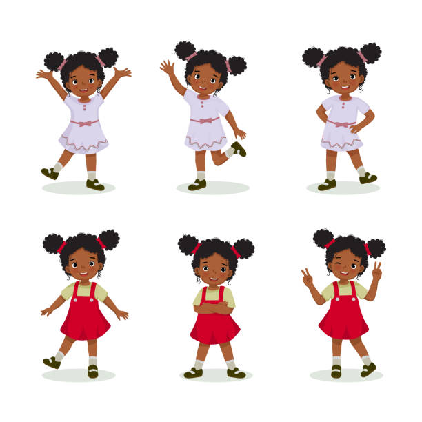 Cute little African girl standing poses Set of vector illustration of happy little African girl with hands and legs gestures in different standing poses, such as raising hands, waving, hand on the hip, crossed arm and standing with one leg. standing on one leg not exercising stock illustrations