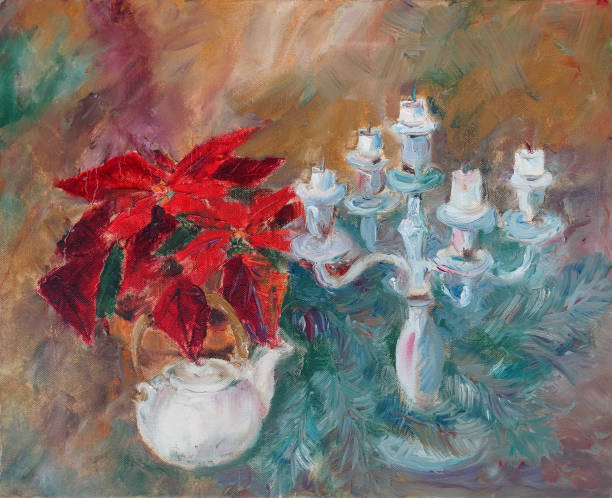 poinsettia, candlestick and fir branches christmas still life oil painting poinsettia, candlestick and fir branches christmas still life oil painting. High quality illustration christmas oil painting stock illustrations