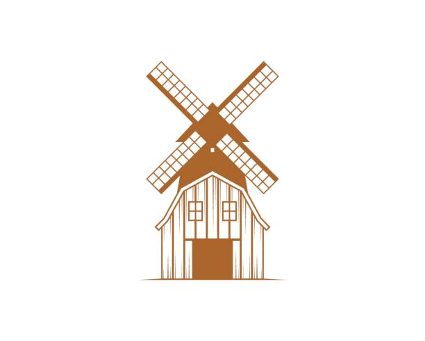 後ろに風車と納屋の農場 - netherlands windmill farm farmhouse点のイラスト素材／クリップアート素材／マンガ素材／アイコン素材