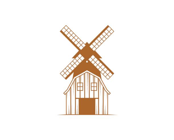 коровник с ветряной мельницей позади - netherlands windmill farm farmhouse stock illustrations