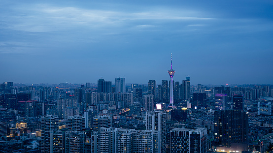 The bustling financial high-rise and low-rise buildings photographed in Chengdu at night