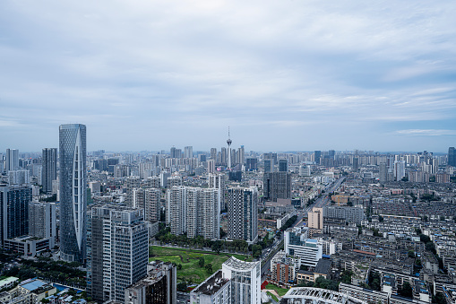 The busy and dense Financial City photographed in Chengdu on a cloudy day