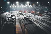 Defocused lights at the railway station at night. Selective focus, background