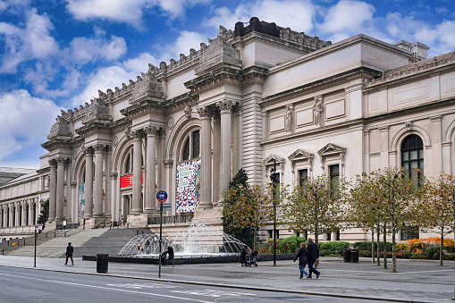 New York City, USA - November 17, 2021:  The classical architecture of the Fifth Avenue frontage of the Metropolitan Museum of Art