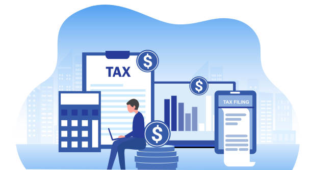 illustrazioni stock, clip art, cartoni animati e icone di tendenza di concetto di deposito fiscale online, uomo d'affari che compila documenti di modulo fiscale illustrazione vettoriale online - tax form