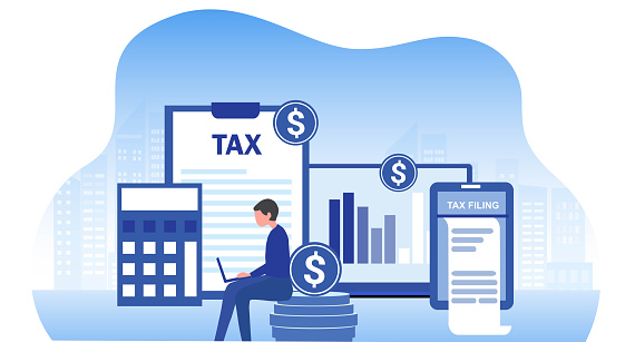 Online tax filing concept, businessman filling tax form documents online vector illustration