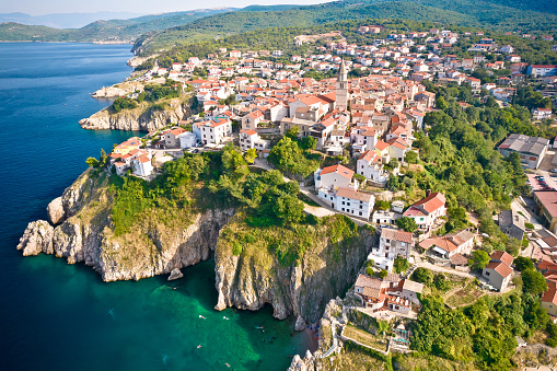 Town of Vrbnik aerial view, Island of Krk, Kvarner bay archipelago, Croatia