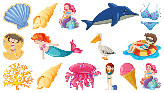 Set Of Summer Beach Objects And Cartoon Characters Stock Illustration -  Download Image Now - Mermaid, Acting - Performance, Animal - iStock