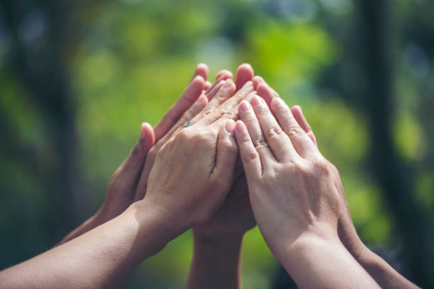 istock Group of teamwork high five team together hands raise up power partner. Diversity multiethnic group of businesspeople success team together. Collaborate Volunteer friendship mission Business partner 1355017165