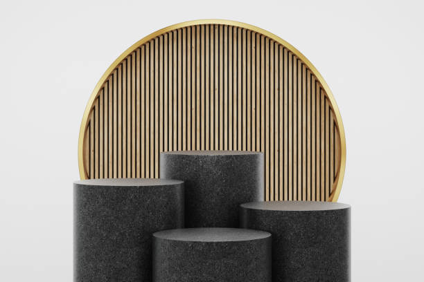 istock Cylinder step black terrazzo podium with wood feature wall background in luxury studio scene. 1355019610