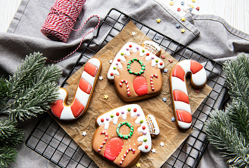 Christmas gingerbread house cookies  on backing  rack