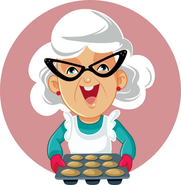 ilustrações, clipart, desenhos animados e ícones de mulher sênior feliz segurando uma bandeja de muffins vetor desenho animado - personal accessory apron bakery cake