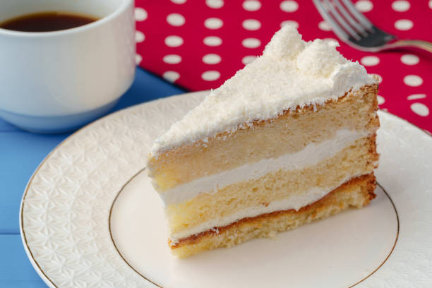istock Piece of white biscuit cake on plate 1355030852