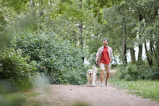 Full length portrait of happy adult man walking dog in green park in Summer, copy space