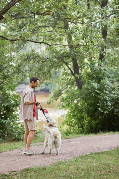 istock Man Walking Dog in Nature 1355031542