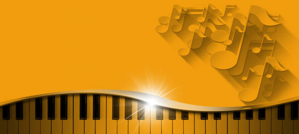 istock Orange Background with Musical Notes and Piano Keyboard 1355035755