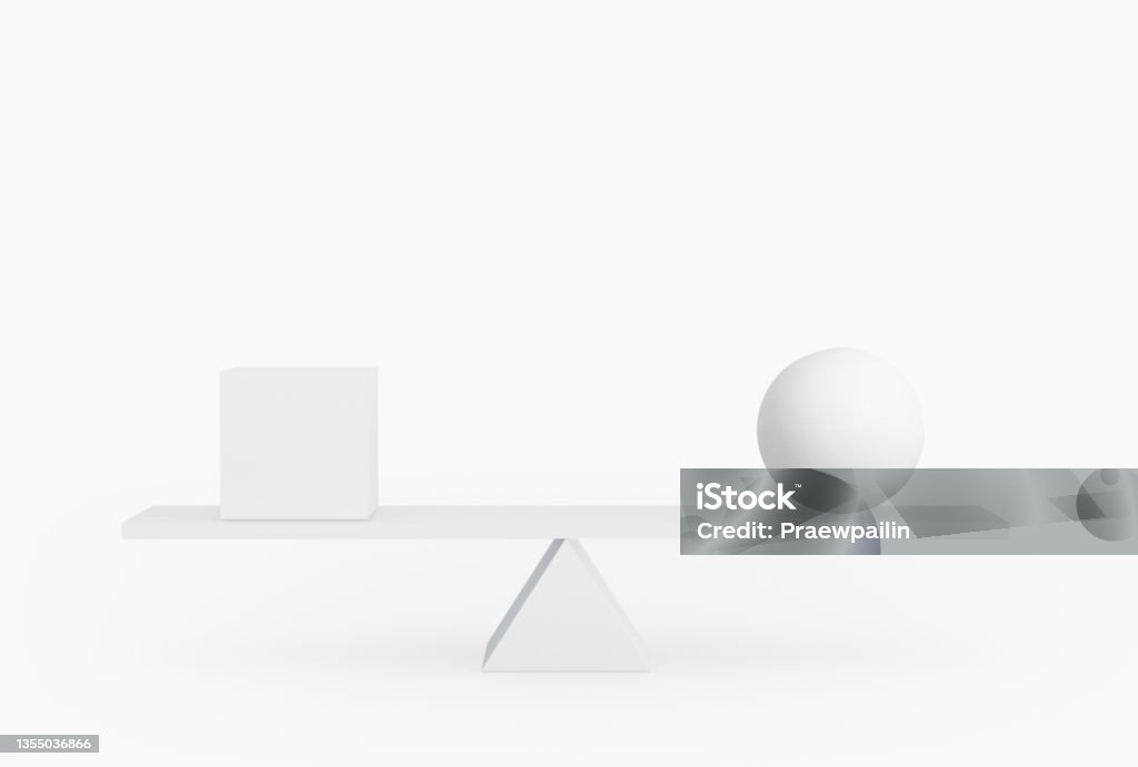 Round shape and square shape balancing on plank board isolated on white. Round shape and square shape balancing on plank board isolated on white. Symmetry and balance concept. 3d rendering with clipping path. Balance Stock Photo