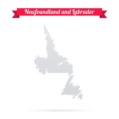Map of Newfoundland and Labrador isolated on a blank background and with his name on a red ribbon. Vector Illustration (EPS10, well layered and grouped). Easy to edit, manipulate, resize or colorize. Vector and Jpeg file of different sizes.