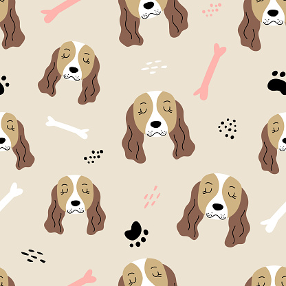 Seamless pattern with funny dog faces in hand drawn style. Great for textiles, stickers, cards, poster, wallpaper, wrapping paper. Isolated on beige background vector illustration